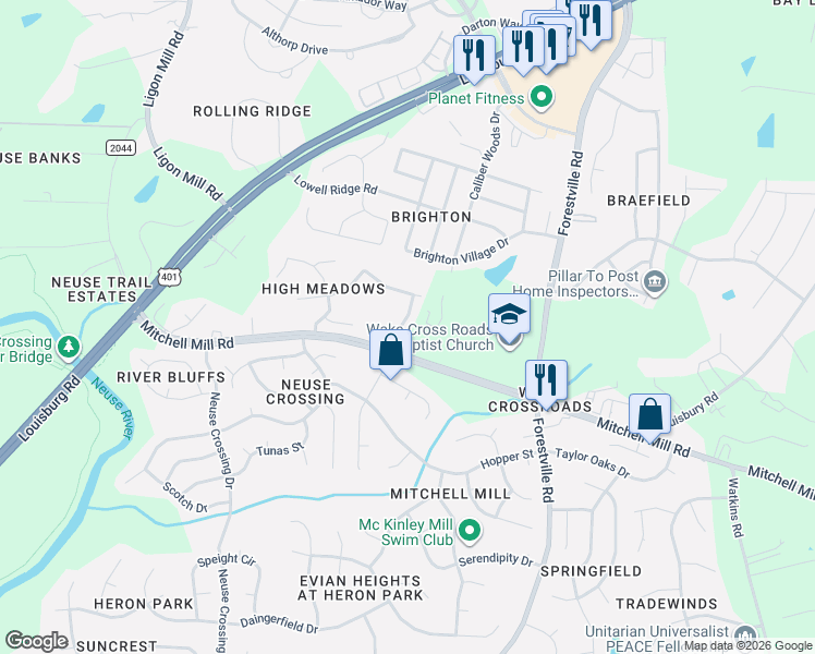 map of restaurants, bars, coffee shops, grocery stores, and more near 3828 Longdale Drive in Raleigh