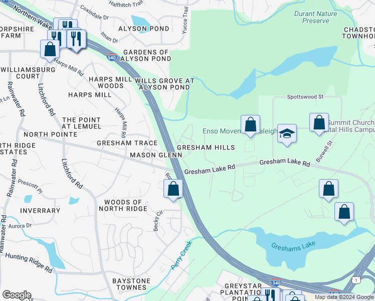 map of restaurants, bars, coffee shops, grocery stores, and more near 2816 Gresham Grove Lane in Raleigh