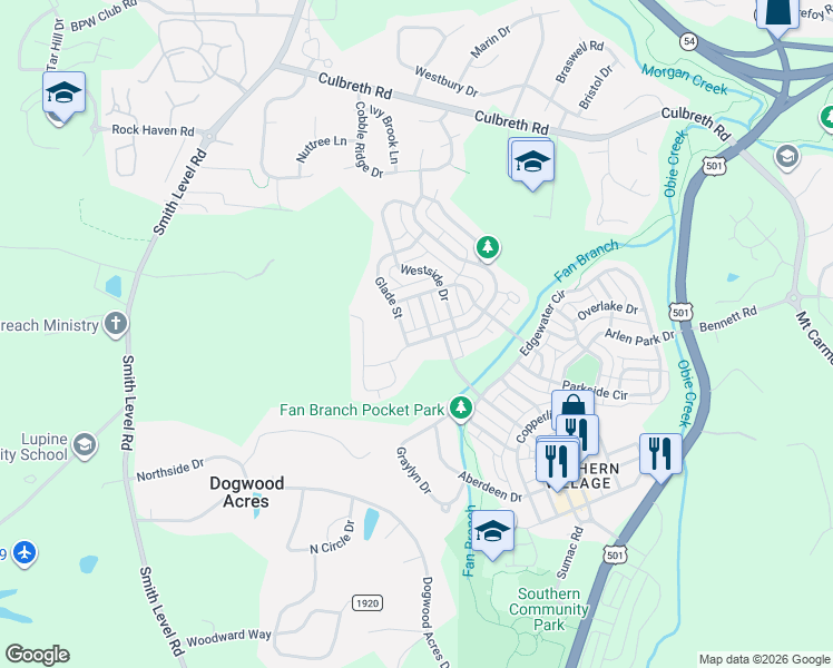 map of restaurants, bars, coffee shops, grocery stores, and more near 109 Glade Street in Chapel Hill
