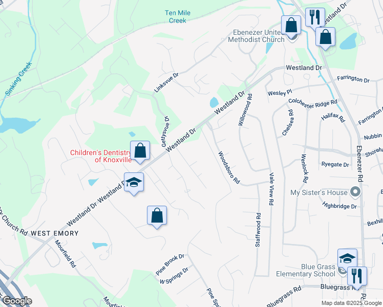 map of restaurants, bars, coffee shops, grocery stores, and more near 1112 Westland Gardens Boulevard in Knoxville