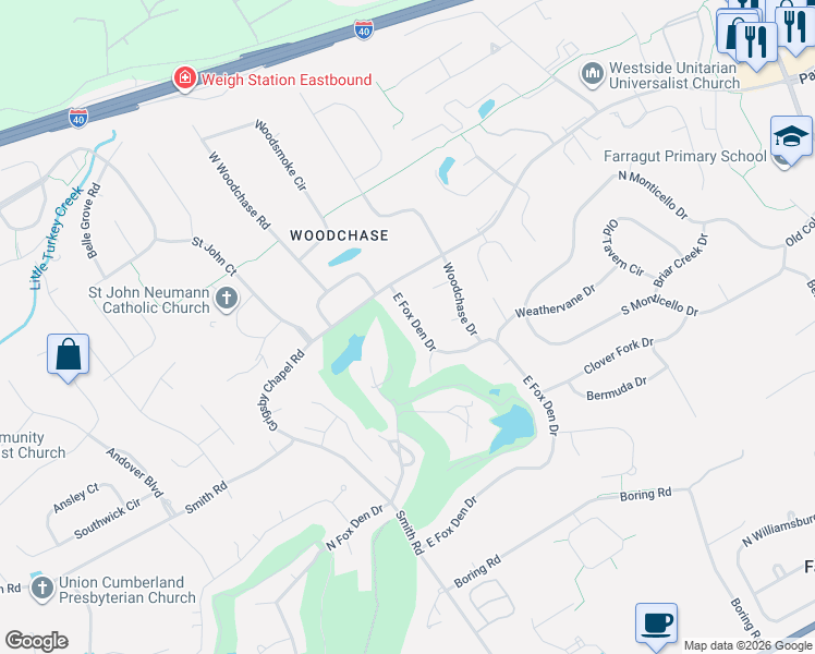 map of restaurants, bars, coffee shops, grocery stores, and more near 716 East Fox Den Drive in Knoxville