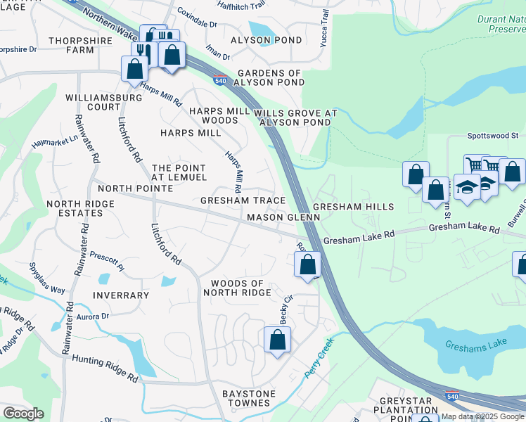map of restaurants, bars, coffee shops, grocery stores, and more near 2509 Bulmer Terrace in Raleigh