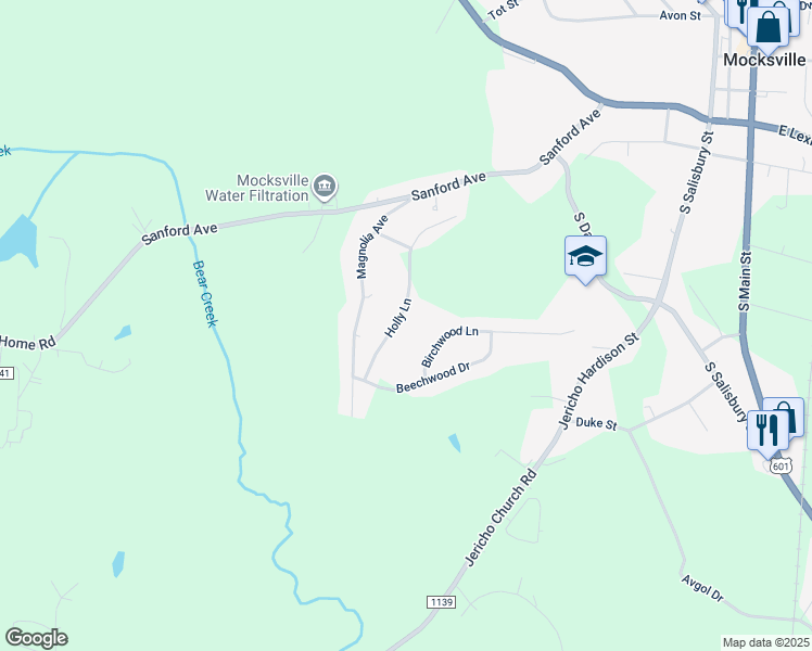map of restaurants, bars, coffee shops, grocery stores, and more near 250 Holly Lane in Mocksville