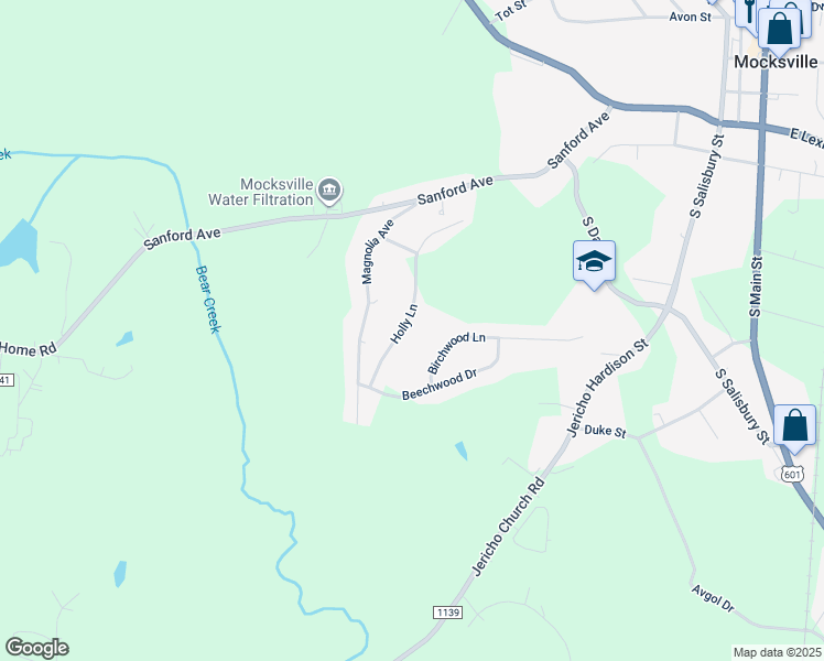 map of restaurants, bars, coffee shops, grocery stores, and more near 250 Holly Lane in Mocksville