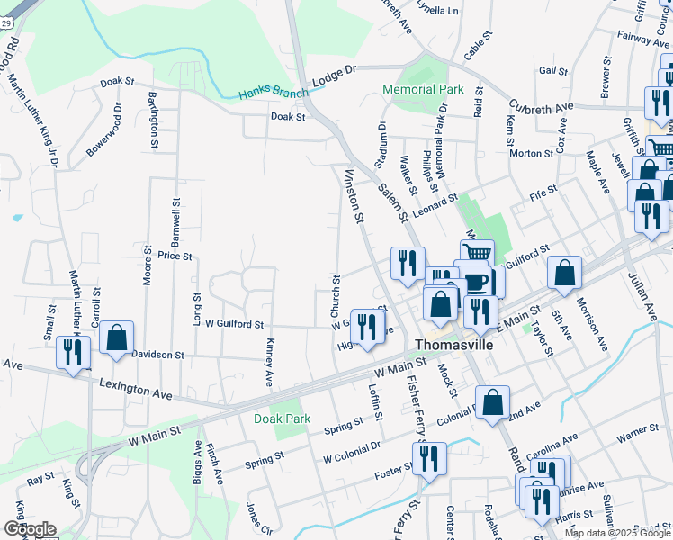 map of restaurants, bars, coffee shops, grocery stores, and more near Church Street in Thomasville