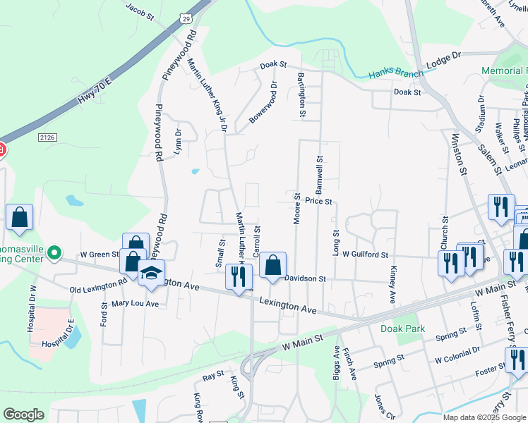 map of restaurants, bars, coffee shops, grocery stores, and more near Grant Street in Thomasville