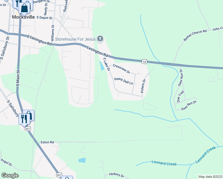 map of restaurants, bars, coffee shops, grocery stores, and more near 301 East Lake Drive in Mocksville