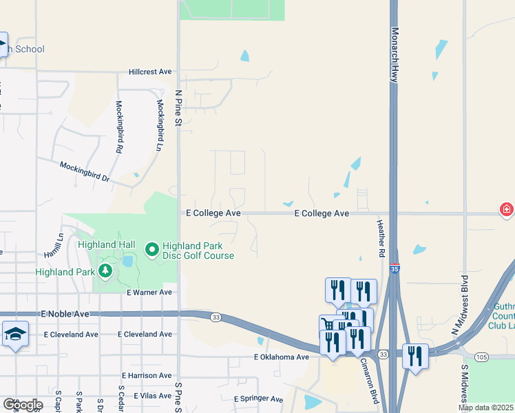 map of restaurants, bars, coffee shops, grocery stores, and more near 11 Northeast Ridge Drive in Guthrie