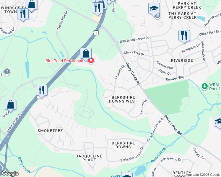 map of restaurants, bars, coffee shops, grocery stores, and more near 8253 Merriweather Circle in Raleigh