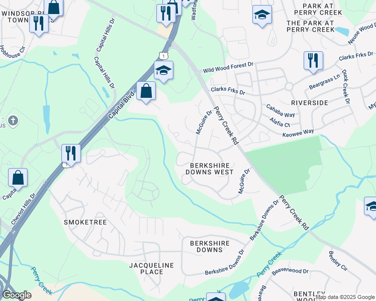 map of restaurants, bars, coffee shops, grocery stores, and more near 8209 Wynewood Court in Raleigh