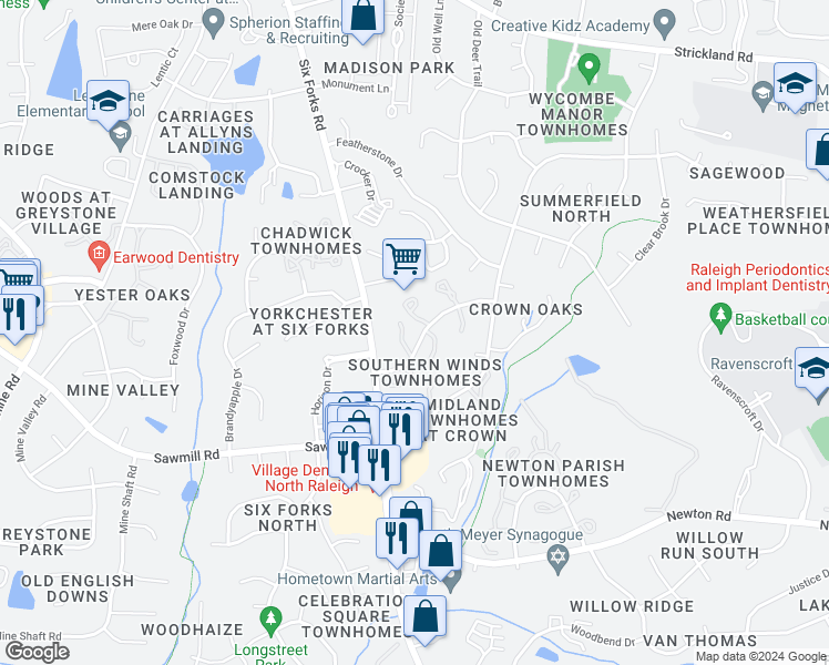 map of restaurants, bars, coffee shops, grocery stores, and more near 7705 Kingsberry Court in Raleigh