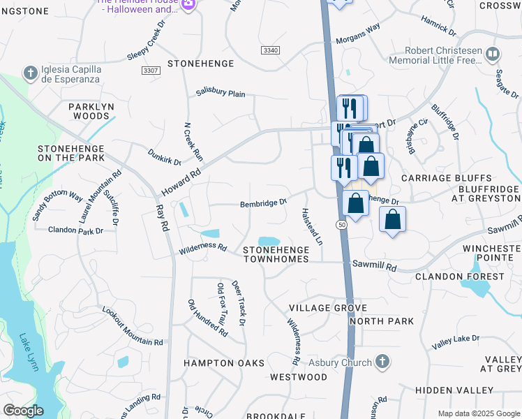 map of restaurants, bars, coffee shops, grocery stores, and more near 2617 Bembridge Drive in Raleigh