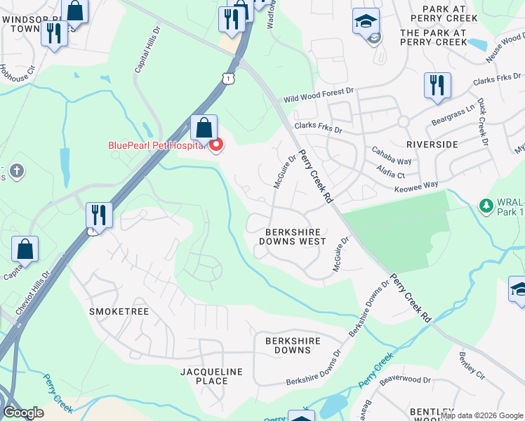 map of restaurants, bars, coffee shops, grocery stores, and more near 8209 Wynewood Court in Raleigh