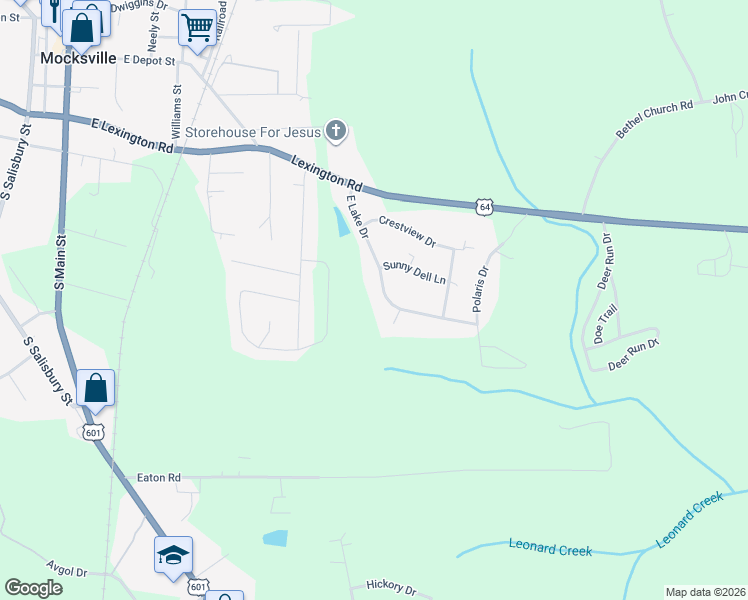 map of restaurants, bars, coffee shops, grocery stores, and more near 299 East Lake Drive in Mocksville