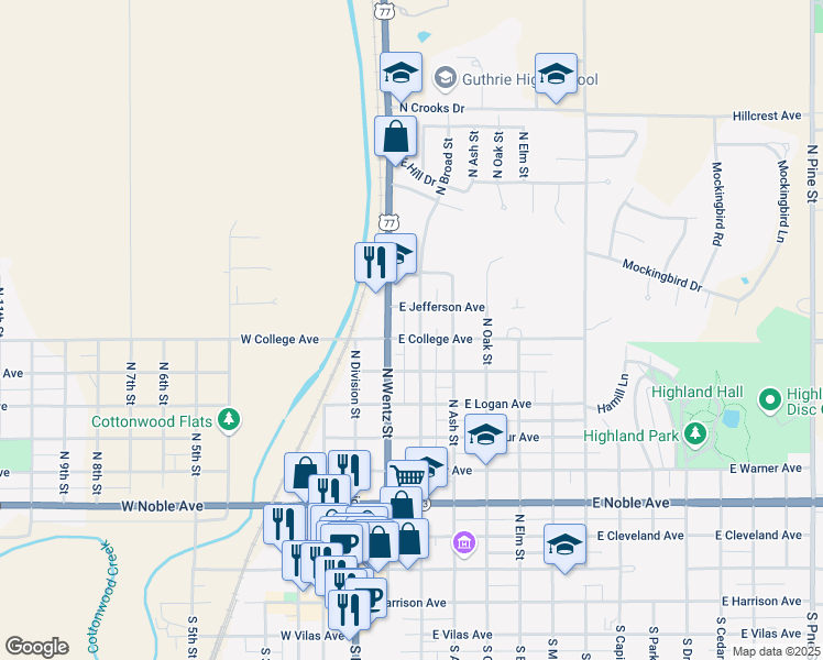 map of restaurants, bars, coffee shops, grocery stores, and more near 816 North Wentz Street in Guthrie