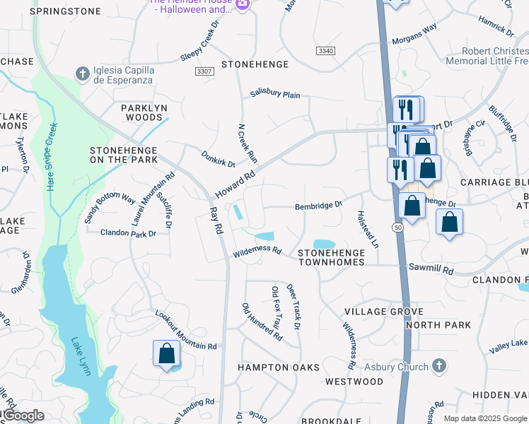 map of restaurants, bars, coffee shops, grocery stores, and more near 2484 Stonehenge Park Drive in Raleigh