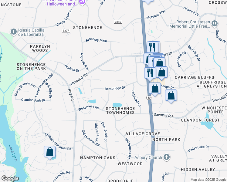 map of restaurants, bars, coffee shops, grocery stores, and more near 2617 Bembridge Drive in Raleigh