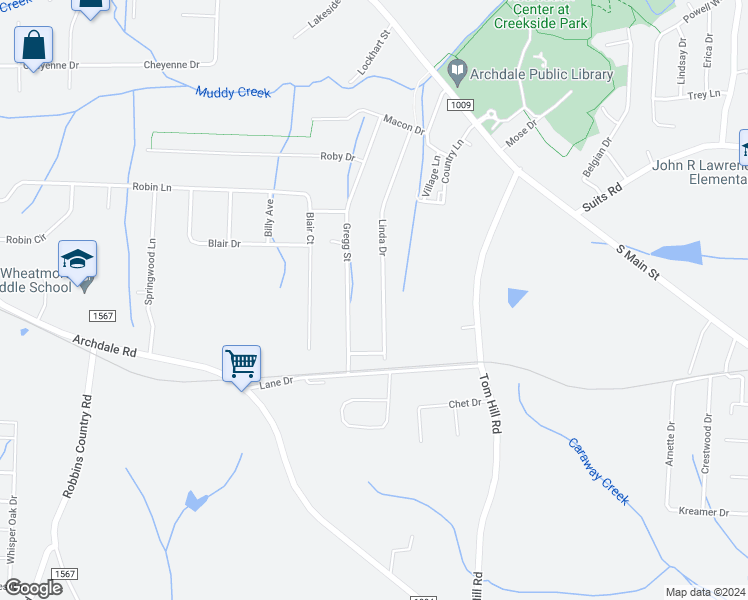 map of restaurants, bars, coffee shops, grocery stores, and more near 1 Linda Drive in Archdale