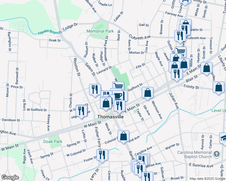 map of restaurants, bars, coffee shops, grocery stores, and more near 14 East Guilford Street in Thomasville
