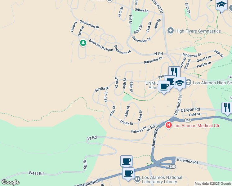 map of restaurants, bars, coffee shops, grocery stores, and more near 1309 47th Street in Los Alamos