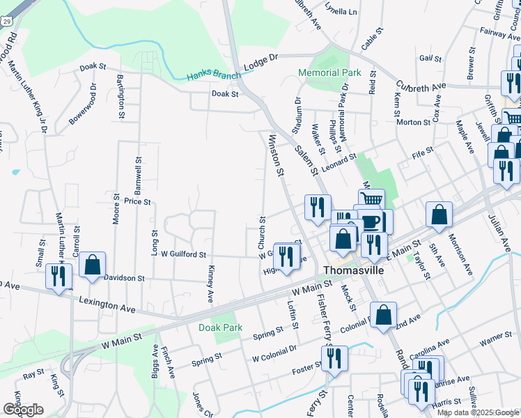 map of restaurants, bars, coffee shops, grocery stores, and more near 206 Church Street in Thomasville