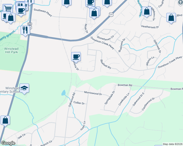 map of restaurants, bars, coffee shops, grocery stores, and more near 287 Wisteria Drive in Franklin