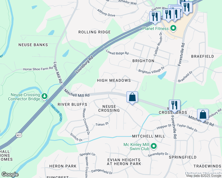 map of restaurants, bars, coffee shops, grocery stores, and more near 7909 Round Oak Road in Raleigh
