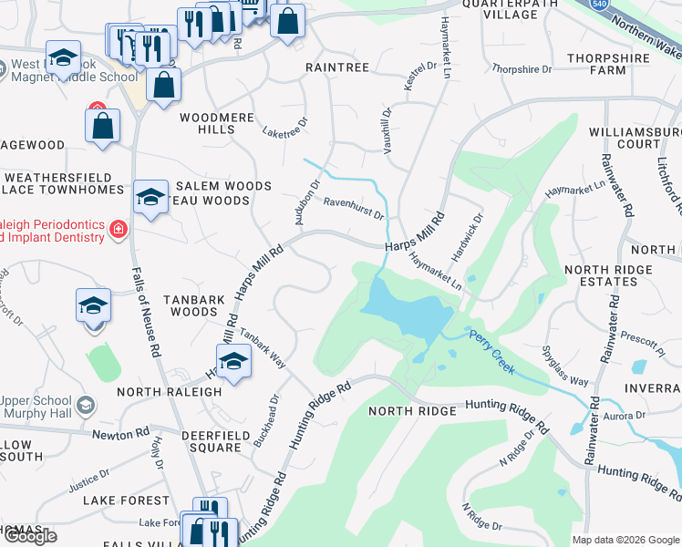 map of restaurants, bars, coffee shops, grocery stores, and more near 1401 Rock Dam Court in Raleigh