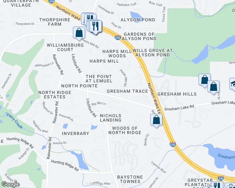 map of restaurants, bars, coffee shops, grocery stores, and more near 2400 Buckwater Court in Raleigh