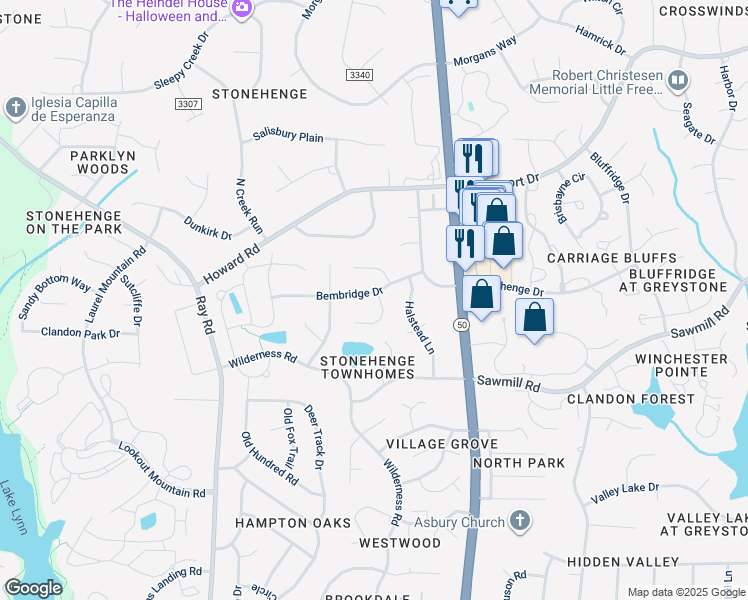 map of restaurants, bars, coffee shops, grocery stores, and more near 2600 Ridgewell Court in Raleigh