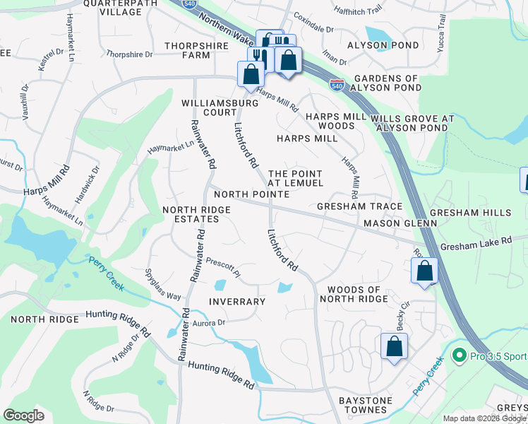 map of restaurants, bars, coffee shops, grocery stores, and more near 2208 Gresham Lake Road in Raleigh