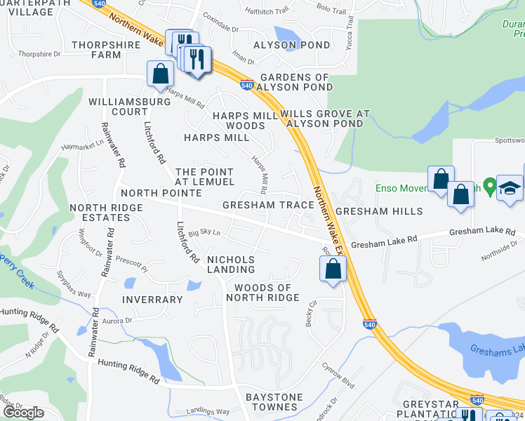 map of restaurants, bars, coffee shops, grocery stores, and more near 2417 Buckwater Court in Raleigh