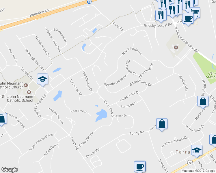map of restaurants, bars, coffee shops, grocery stores, and more near 11736 Weathervane Drive in Knoxville