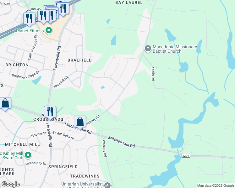 map of restaurants, bars, coffee shops, grocery stores, and more near 3801 State Road 2225 in Wake Forest