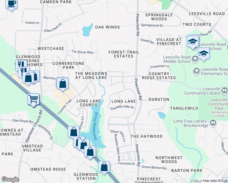 map of restaurants, bars, coffee shops, grocery stores, and more near 7728 Silver View Lane in Raleigh
