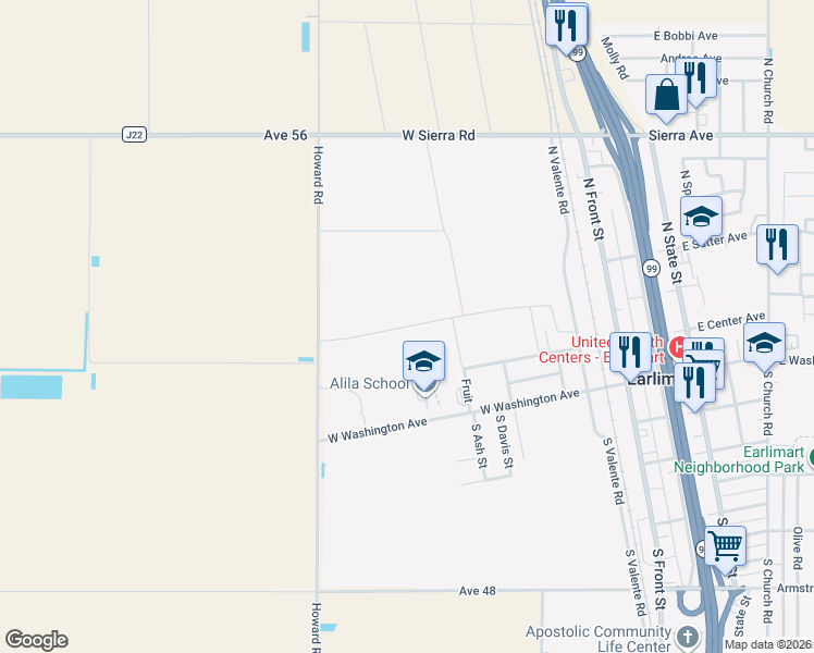 map of restaurants, bars, coffee shops, grocery stores, and more near Main Ave in Earlimart