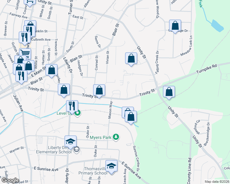 map of restaurants, bars, coffee shops, grocery stores, and more near 1112 Trinity Street in Thomasville