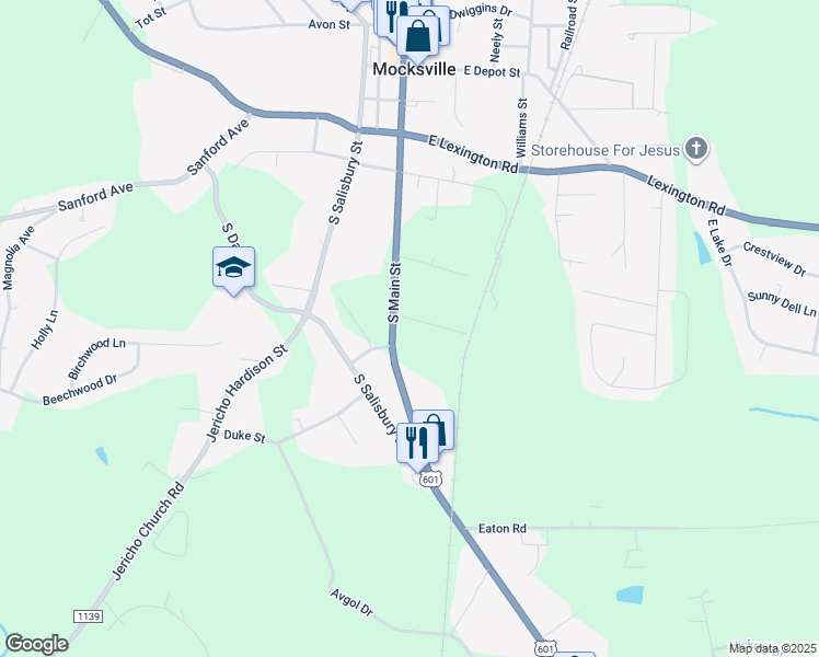map of restaurants, bars, coffee shops, grocery stores, and more near 138 Harding Street in Mocksville