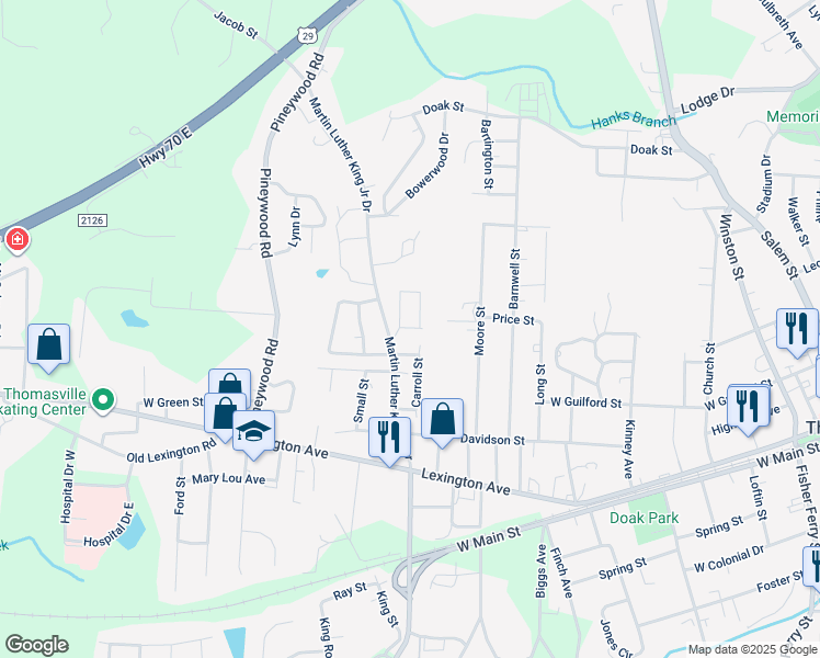 map of restaurants, bars, coffee shops, grocery stores, and more near Grant Street in Thomasville
