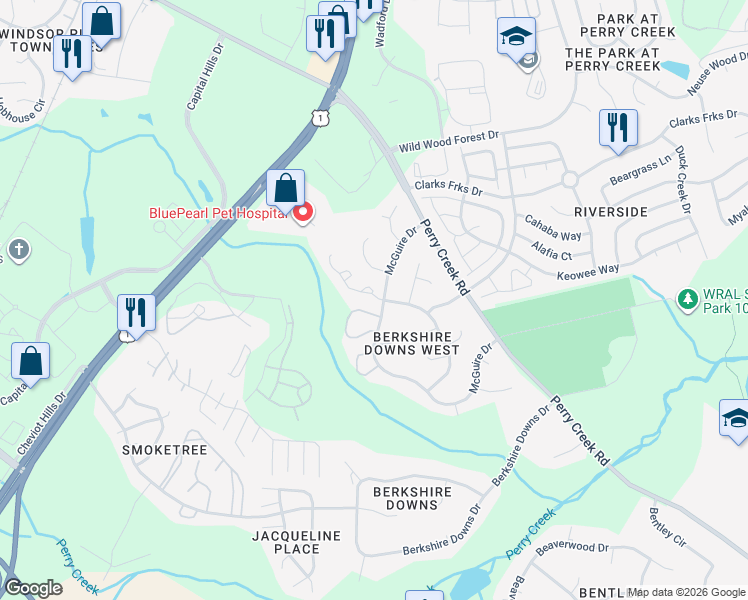 map of restaurants, bars, coffee shops, grocery stores, and more near 8209 Wynewood Court in Raleigh