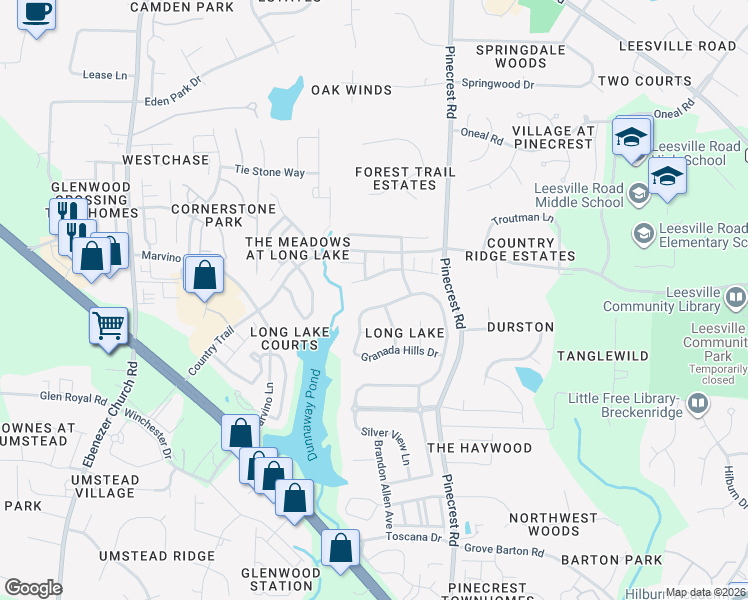 map of restaurants, bars, coffee shops, grocery stores, and more near 7728 Silver View Lane in Raleigh