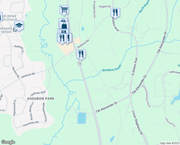 map of restaurants, bars, coffee shops, grocery stores, and more near 5523 Highway 55 in Durham