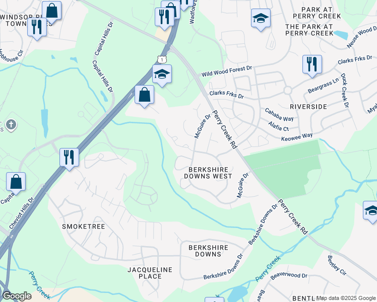 map of restaurants, bars, coffee shops, grocery stores, and more near 8209 Wynewood Court in Raleigh