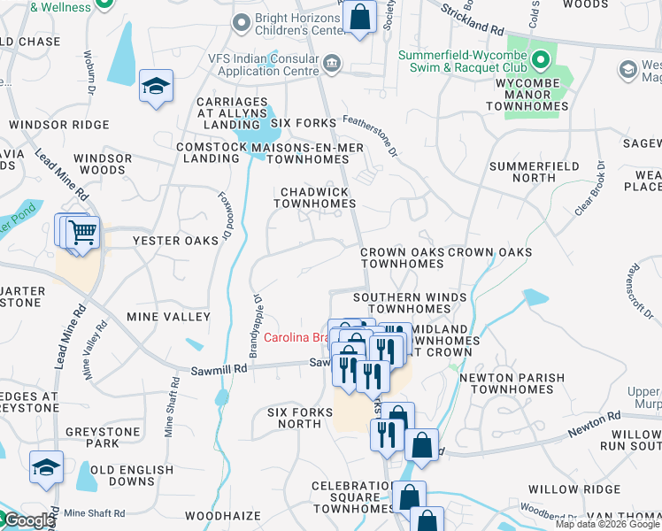 map of restaurants, bars, coffee shops, grocery stores, and more near 127 Yorkchester Way in Raleigh
