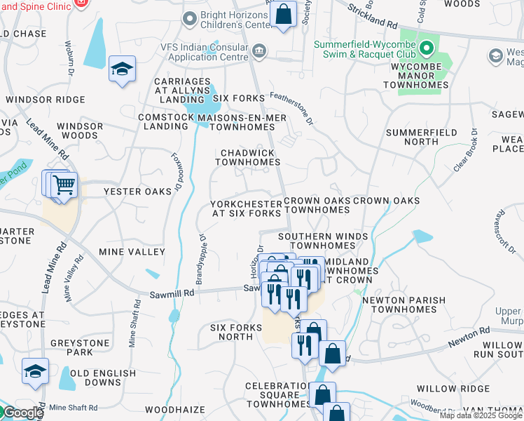 map of restaurants, bars, coffee shops, grocery stores, and more near 127 Yorkchester Way in Raleigh
