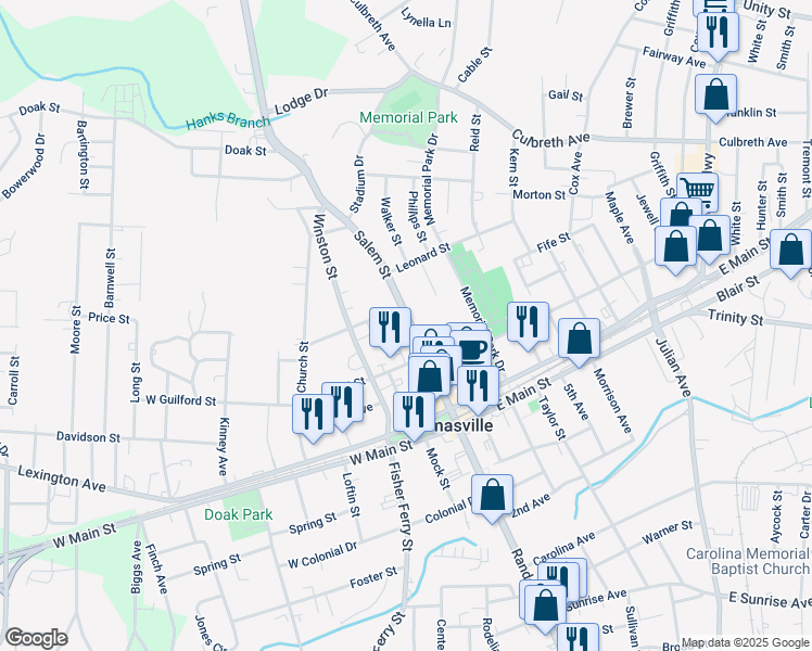 map of restaurants, bars, coffee shops, grocery stores, and more near Salem Street in Thomasville