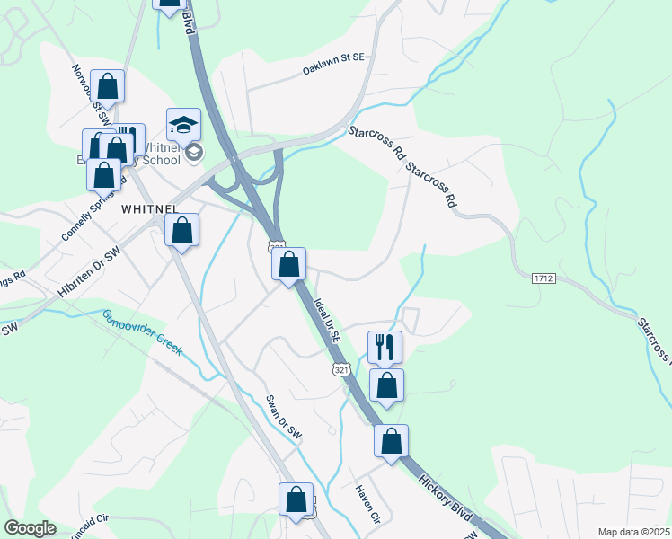 map of restaurants, bars, coffee shops, grocery stores, and more near 121 Countryside Drive Southeast in Lenoir