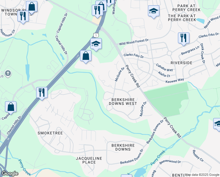 map of restaurants, bars, coffee shops, grocery stores, and more near 8209 Wynewood Court in Raleigh