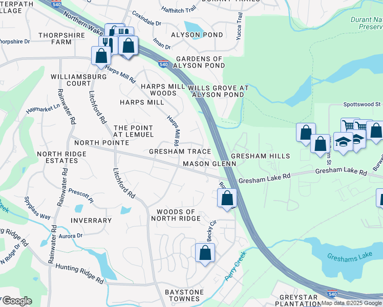 map of restaurants, bars, coffee shops, grocery stores, and more near 8004 Criswell Crescent in Raleigh