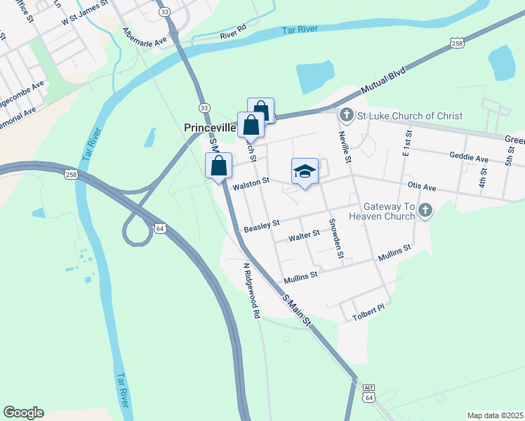 map of restaurants, bars, coffee shops, grocery stores, and more near 406 Church Street in Princeville